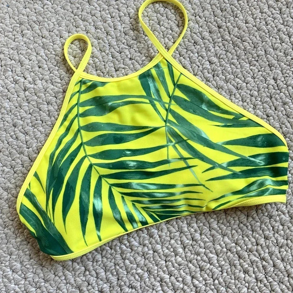 Aerie Neon Yellow Green Palm Tree High Neck Criss Cross Back Bikini Top - Picture 2 of 6